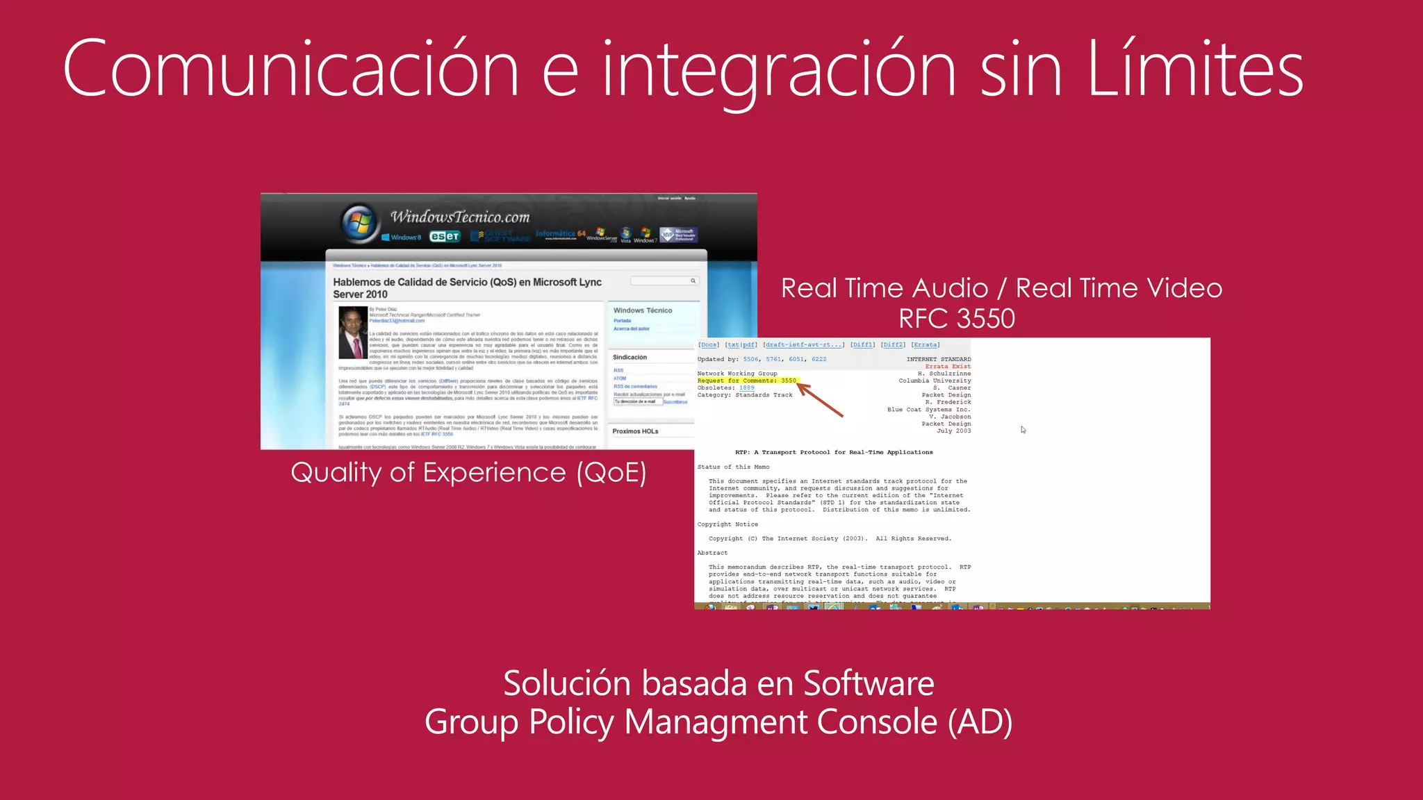 Comunicación e integración sin Límites
Real Time Audio / Real Time Video
RFC 3550

Quality of Experience (QoE)

Solución basada en Software
Group Policy Managment Console (AD)

 