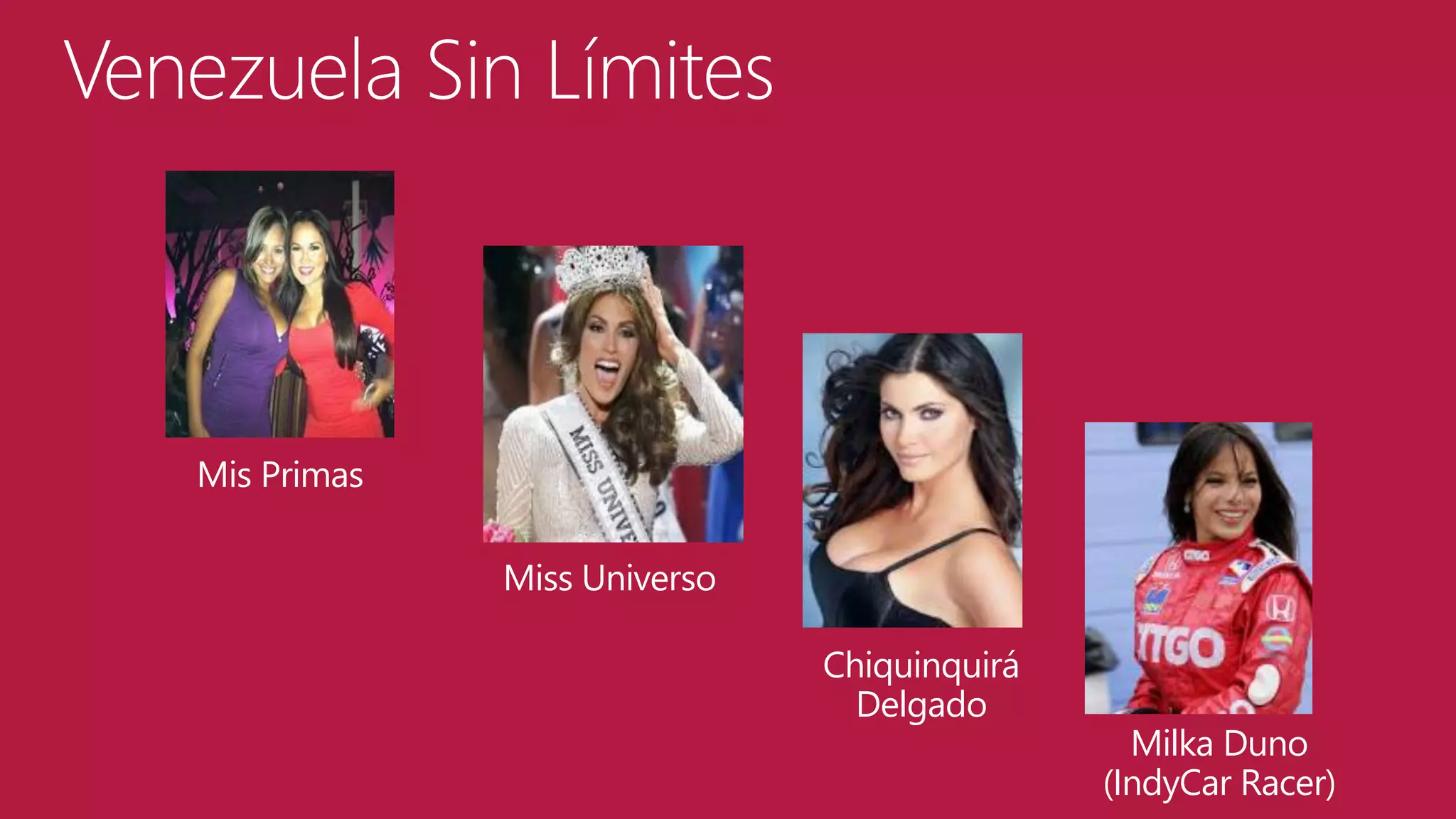 Venezuela Sin Límites

Mis Primas
Miss Universo
Chiquinquirá
Delgado

Milka Duno
(IndyCar Racer)

 
