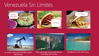 Venezuela Sin Límites

La mayor reserva de Petróleo Ligero
del Mundo

Salto del Angel, la cascada natural
mas larga del mundo

Margarita-Coche-Morrocoy.

 