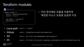 © 2019, Amazon Web Services, Inc. or its affiliates. All rights reserved.
• Local path
• Github
• Git
• S3
module "consul" {
source = "hashicorp/consul/aws"
version = "0.3.3"
aws_region = "us-east-1"
num_servers = "3"
}
Terraform modules
consul.tf
• 미리 준비해둔 모듈을 이용하여
복잡한 리소스 모음을 손쉽게 구성
source = "./consul"
source = "git@github.com:hashicorp/example.git"
username@example.com/storage.git
 