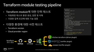 © 2019, Amazon Web Services, Inc. or its affiliates. All rights reserved.
Terraform module testing pipeline
• Terraform module에 대한 단위 테스트
• 자동화된 테스트 환경 생성, 검증 및 삭제
• 다양한 입력 조건에 대한 기능 검증
• 다양한 환경에 대한 사전 테스트
• Terraform version
• Cloud provider region
terraform
코드 변경
Kitchen-terraform (driver plugin)
awspec (verifier plugin)
(verifier plugin)
 