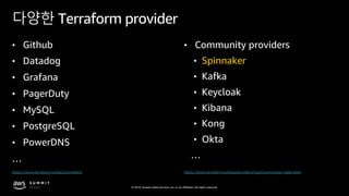 © 2019, Amazon Web Services, Inc. or its affiliates. All rights reserved.
다양한 Terraform provider
• Github
• Datadog
• Grafana
• PagerDuty
• MySQL
• PostgreSQL
• PowerDNS
…
• Community providers
• Spinnaker
• Kafka
• Keycloak
• Kibana
• Kong
• Okta
…
https://www.terraform.io/docs/providers/ https://www.terraform.io/docs/providers/type/community-index.html
 