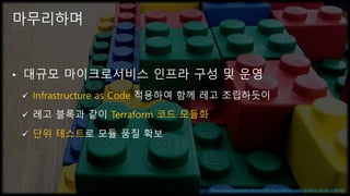 © 2019, Amazon Web Services, Inc. or its affiliates. All rights reserved.
• 대규모 마이크로서비스 인프라 구성 및 운영
ü Infrastructure as Code 적용하여 함께 레고 조립하듯이
ü 레고 블록과 같이 Terraform 코드 모듈화
ü 단위 테스트로 모듈 품질 확보
마무리하며
https://www.maxpixel.net/Colorful-Play-Children-Lego-Building-Blocks-2285065
 