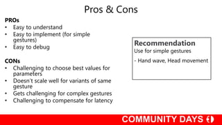 PROs
• Easy to understand
• Easy to implement (for simple
gestures)
• Easy to debug
CONs
• Challenging to choose best values for
parameters
• Doesn’t scale well for variants of same
gesture
• Gets challenging for complex gestures
• Challenging to compensate for latency
Pros & Cons
Recommendation
Use for simple gestures
- Hand wave, Head movement
 
