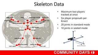 Skeleton Data
• Maximum two players
tracked at once
• Six player proposals per
Kinect
• 20 joints in standard mode
• 10 joints in seated mode
 