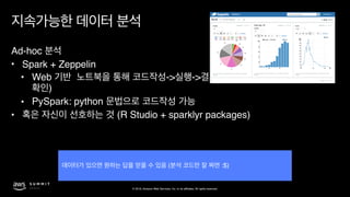 © 2019, Amazon Web Services, Inc. or its affiliates. All rights reserved.
Ad-hoc
• Spark + Zeppelin
• Web -> -> (-> -> ->
)
• PySpark: python
• (R Studio + sparklyr packages) 
 
( :$)
 