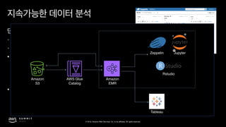 © 2019, Amazon Web Services, Inc. or its affiliates. All rights reserved.
• / /
•
• Spark + Zeppelin
• Web -> -> (-> -> ->
)
• PySpark: python
• (R Studio + sparklyr packages)
Tableau
Rstudio
Zeppelin Jupyter
Amazon 
EMR
AWS Glue 
Catalog
Amazon 
S3
 