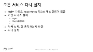 © 2019, Amazon Web Services, Inc. or its affiliates. All rights reserved.
모든 서비스 다시 설치
● Helm 차트로 Kubernetes 리소스가 선언되어 있음
● 기반 서비스 설치
○ nginx
○ fluentd (로깅)
○ …
● 워커 설치, 잘 동작하는지 확인
● 서버 설치
 