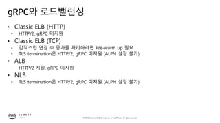 © 2019, Amazon Web Services, Inc. or its affiliates. All rights reserved.
gRPC와 로드밸런싱
• Classic ELB (HTTP)
• HTTP/2, gRPC 미지원
• Classic ELB (TCP)
• 갑작스런 연결 수 증가를 처리하려면 Pre-warm up 필요
• TLS termination은 HTTP/2, gRPC 미지원 (ALPN 설정 불가)
• ALB
• HTTP/2 지원, gRPC 미지원
• NLB
• TLS termination은 HTTP/2, gRPC 미지원 (ALPN 설정 불가)
 