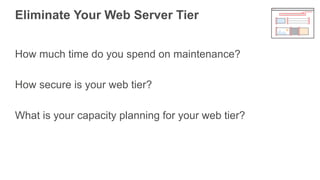 Eliminate Your Web Server Tier
How much time do you spend on maintenance?
How secure is your web tier?
What is your capaci...