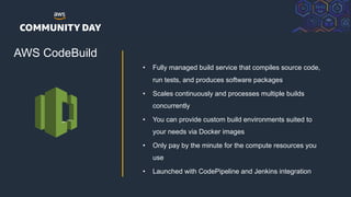 © 2018, Amazon Web Services, Inc. or its Affiliates. All rights reserved.
AWS CodeBuild
• Fully managed build service that compiles source code,
run tests, and produces software packages
• Scales continuously and processes multiple builds
concurrently
• You can provide custom build environments suited to
your needs via Docker images
• Only pay by the minute for the compute resources you
use
• Launched with CodePipeline and Jenkins integration
 