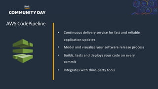©2018, AmazonWebServices, Inc. or its Affiliates. All rights reserved.
AWS CodePipeline
• Continuous delivery service for ...