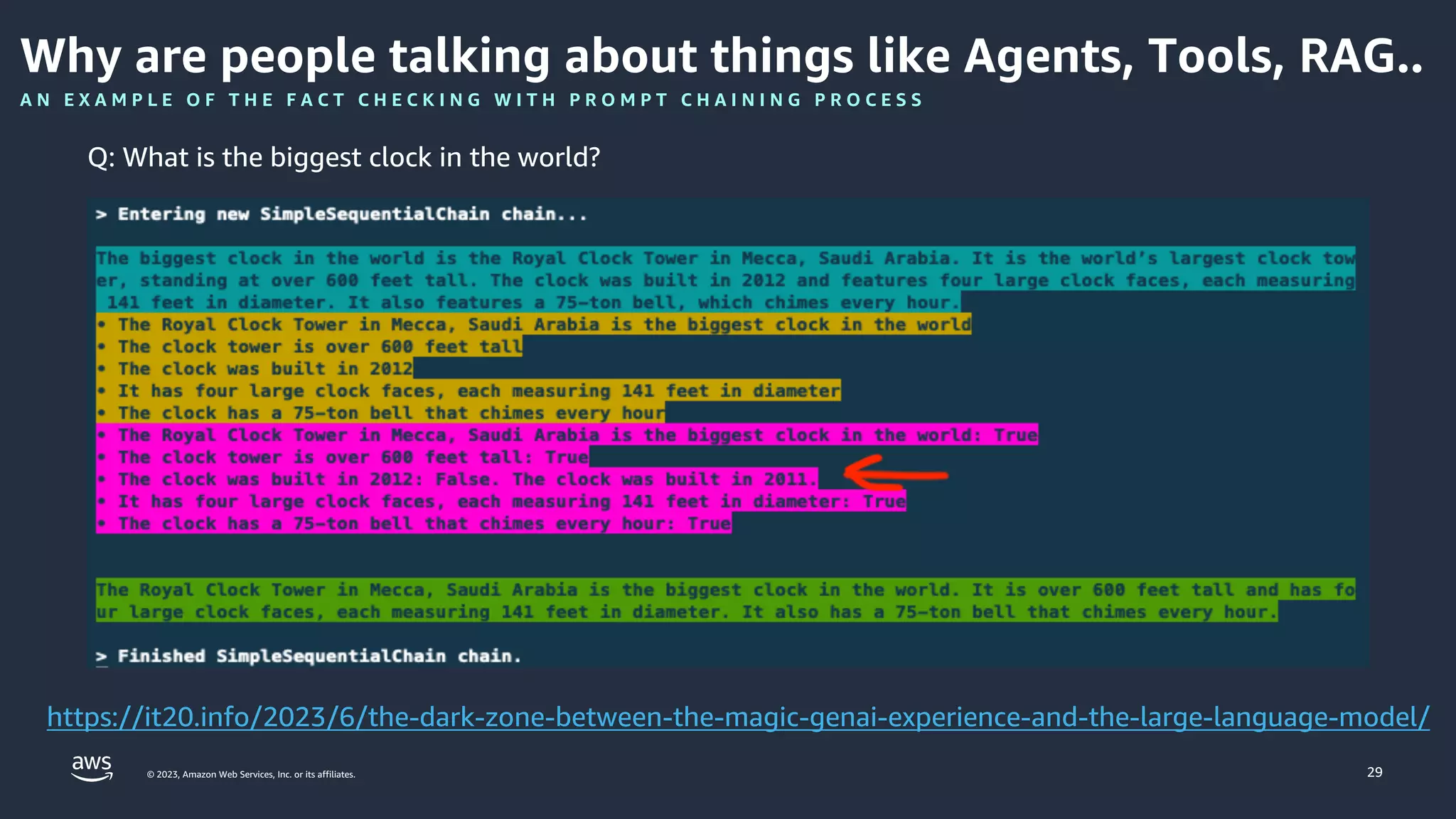 © 2023, Amazon Web Services, Inc. or its affiliates. 29
Why are people talking about things like Agents, Tools, RAG..
A N E X A M P L E O F T H E F A C T C H E C K I N G W I T H P R O M P T C H A I N I N G P R O C E S S
https://it20.info/2023/6/the-dark-zone-between-the-magic-genai-experience-and-the-large-language-model/
Q: What is the biggest clock in the world?
 