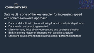 © 2018, Amazon Web Services, Inc. or its Affiliates. All rights reserved.
Data vault is one of the key enabler for increasing speed
with schema-on-write approach
● Data model split into pieces allowing loads in multiple steps/parts
● Data loads can be auto-generated
● Many-to-many links allow representing any business situation
● Built-in storing history of changes with satellite structure
● Standard development model allows easier personnel changes
 