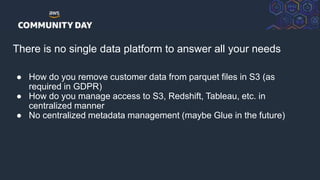 © 2018, Amazon Web Services, Inc. or its Affiliates. All rights reserved.
There is no single data platform to answer all your needs
● How do you remove customer data from parquet files in S3 (as
required in GDPR)
● How do you manage access to S3, Redshift, Tableau, etc. in
centralized manner
● No centralized metadata management (maybe Glue in the future)
 
