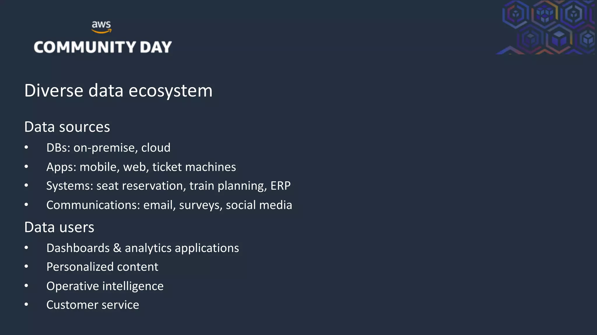 © 2018, Amazon Web Services, Inc. or its Affiliates. All rights reserved.
Diverse data ecosystem
Data sources
• DBs: on-premise, cloud
• Apps: mobile, web, ticket machines
• Systems: seat reservation, train planning, ERP
• Communications: email, surveys, social media
Data users
• Dashboards & analytics applications
• Personalized content
• Operative intelligence
• Customer service
 