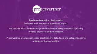 Bold transformation. Real results.
Delivered with assurance, speed and impact.​
We partner with clients to design and implement next generation operating
models, processes and automation.​
Proservartner brings experienced practitioners, data, tools and independence to
unlock client opportunities.​​
 