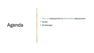 Agenda
• Manual deployment vs Automatic deployment
• Guide
• Challenges
 