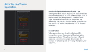 36
Advantages of Token
Generation
Automatically Chosen Authentication Type
Token generation allows skipping “if” block to decide
which method should be used for the current user. In
the MS 365 scope, the property “Authentication
Type” must be chosen from the dropdown list,
preventing the use of a dynamic value. It implies the
bad practice of having two identical "HTTP Request"
activities.
Reused Token
Token generation can simplify MS Graph API
interactions across the project without using the
scope everywhere. This allows for more efficient
code and easier maintenance. It minimizes the
number of token requests by reusing the token until
it expires.
 