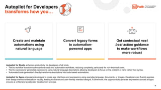 49
Autopilot for Developers
transform️s how you…
Create and maintain
automations using
natural language
Convert legacy forms
to automation-
powered apps
Get contextual next
best action guidance
to make workflows
more robust
Autopilot for Studio enhances productivity for developers of all kinds.
• 'Text to workflow' transforms descriptions easily into automation workflows, reducing complexity particularly for non-technical users.
• 'Text to expressions' generates expressions using natural language descriptions allowing developers to focus on the problem at hand rather than syntax.
• 'Automated code generation' directly transforms descriptions into code-based automations.
Autopilot for Apps empowers developers to create app interfaces and expressions using everyday language, documents, or images. Developers can fluently express
their design intentions textually or visually, leading to diverse and user-friendly interface designs. Furthermore, the opportunity to generate expressions across all apps
ensures a unified and accelerated development process.
 