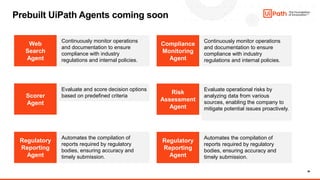 56
Prebuilt UiPath Agents coming soon
Compliance
Monitoring
Agent
Risk
Assessment
Agent
Regulatory
Reporting
Agent
Continuously monitor operations
and documentation to ensure
compliance with industry
regulations and internal policies.
Evaluate operational risks by
analyzing data from various
sources, enabling the company to
mitigate potential issues proactively.
Automates the compilation of
reports required by regulatory
bodies, ensuring accuracy and
timely submission.
Web
Search
Agent
Scorer
Agent
Regulatory
Reporting
Agent
Continuously monitor operations
and documentation to ensure
compliance with industry
regulations and internal policies.
Evaluate and score decision options
based on predefined criteria
Automates the compilation of
reports required by regulatory
bodies, ensuring accuracy and
timely submission.
 