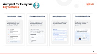 62
Auto-Suggestions
Contextual Answers
Automation Library Document Analysis
Receive responses that
are tailored leveraging
organizational context
Access a vast library of
automations from most
used apps in UiPath
Get intelligent suggestions
on what questions to ask
next
Drag-n-drop documents
and images and ask
questions!
Autopilot for Everyone
key features
 