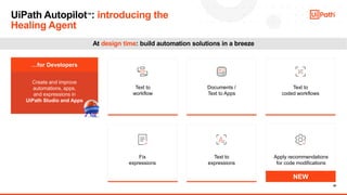 65
Text to
workflow
Documents /
Text to Apps
Text to
coded workflows
Fix
expressions
Text to
expressions
UiPath Autopilot : introducing the
Healing Agent
At design time: build automation solutions in a breeze
Apply recommendations
for code modifications
…for Developers
Create and improve
automations, apps,
and expressions in
UiPath Studio and Apps
NEW
 
