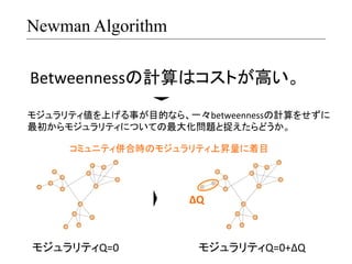 Newman Algorithm
Betweennessの計算はコストが高い。	
  
モジュラリティ値を上げる事が目的なら、一々betweennessの計算をせずに	
  
最初からモジュラリティについての最大化問題と捉えたらどうか。	
  
コミュニティ併合時のモジュラリティ上昇量に着目	
  

ΔQ	
  

モジュラリティQ=0	
  

モジュラリティQ=0+ΔQ	
  

 