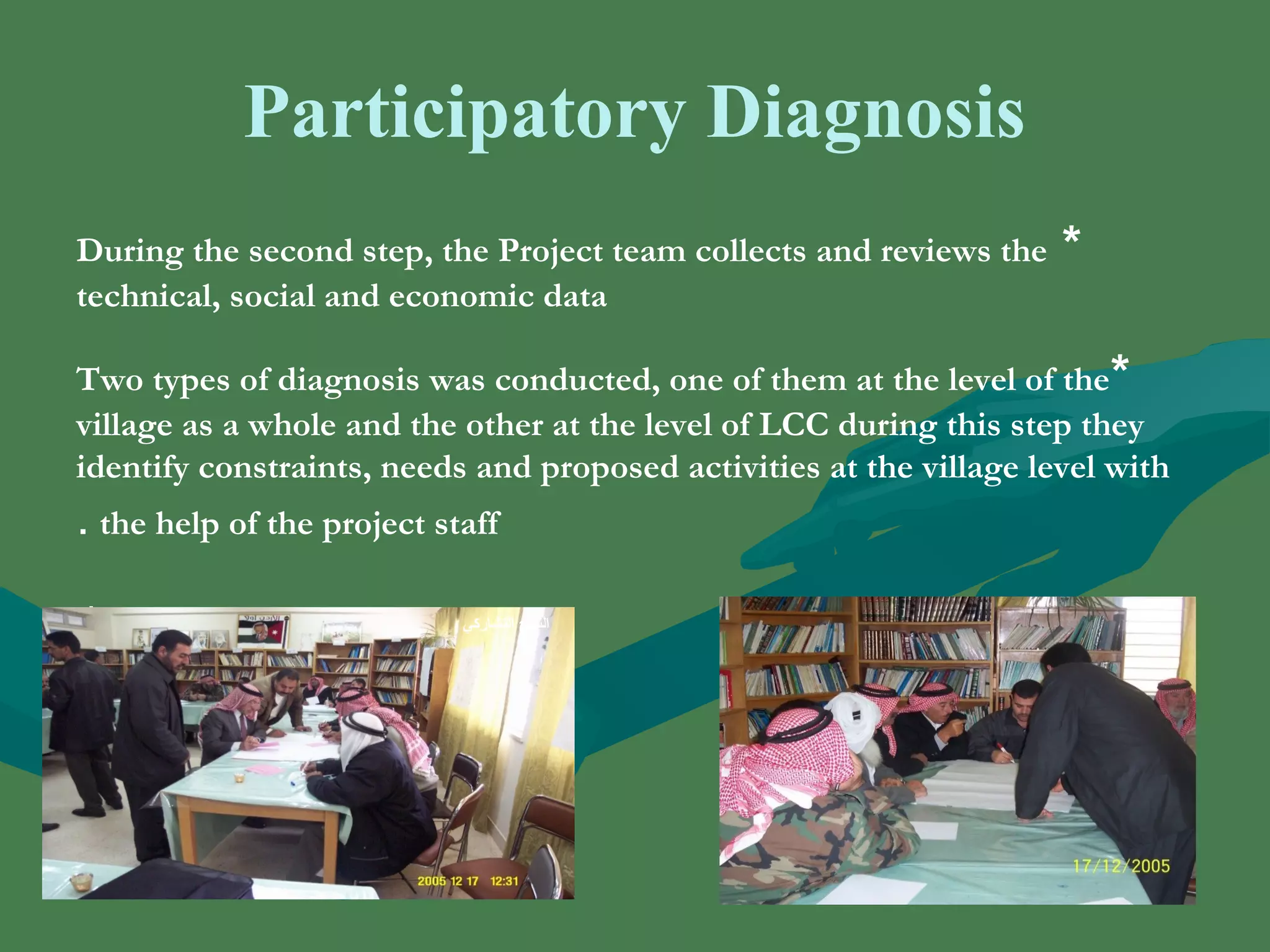 Participatory Diagnosis 
During the second step, the Project team collects and reviews the * 
technical, social and economic data 
Two types of diagnosis was conducted, one of them at the level of the * 
village as a whole and the other at the level of LCC during this step they 
identify constraints, needs and proposed activities at the village level with 
. the help of the project staff 
. 
النهج التشاركي 
 