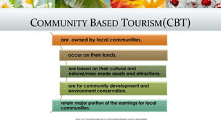 COMMUNITY BASED TOURISM(CBT)
Source: :prof. Dr. Syed Rashidul Hasan Dept. of Tourism & Hospitality Management University of Dhaka Bangladesh
 