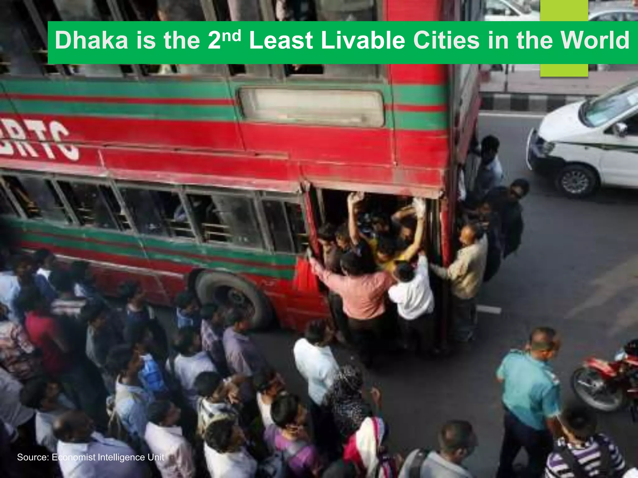 Dhaka is the 2nd Least Livable Cities in the World
Source: Economist Intelligence Unit
 