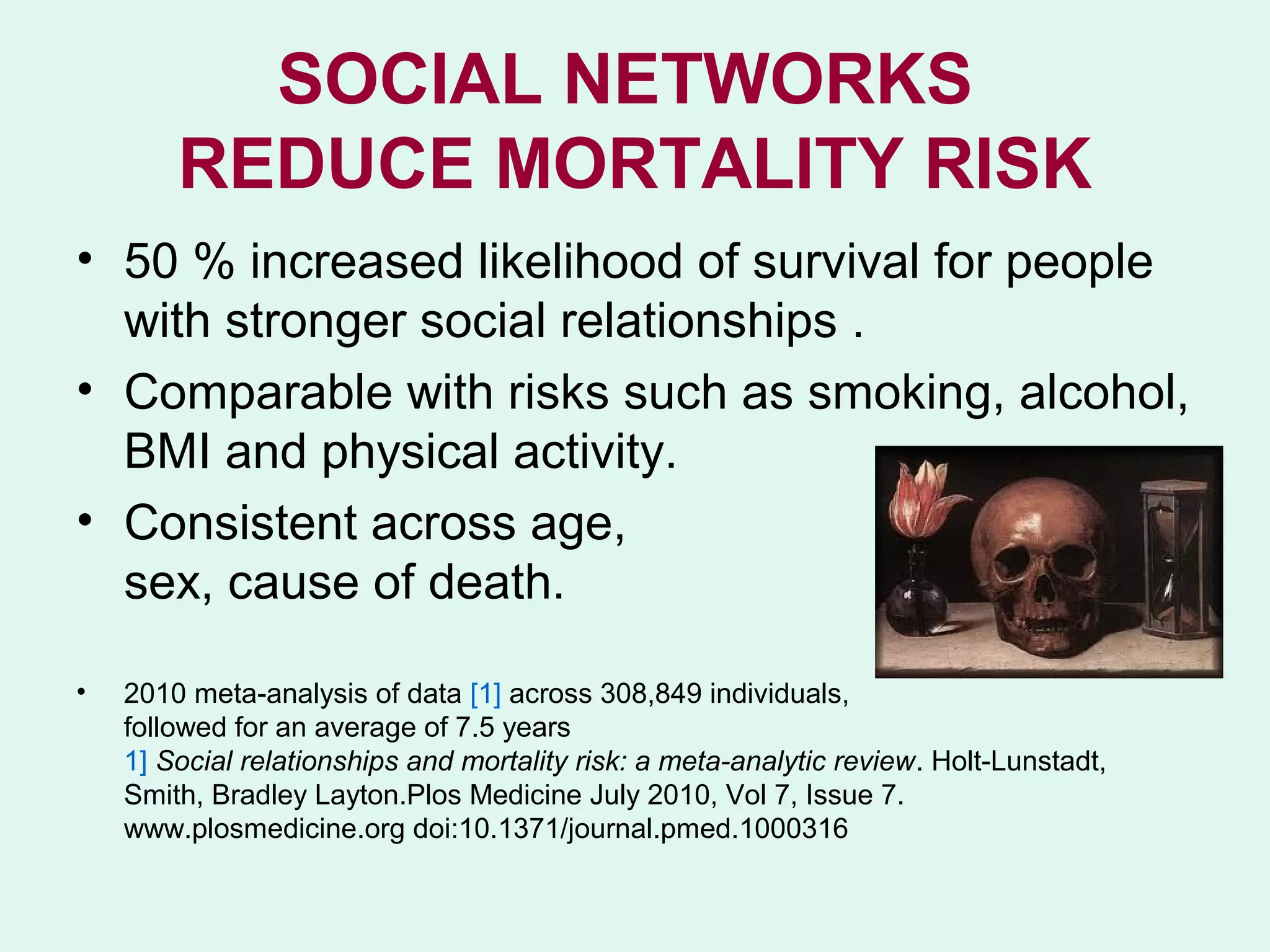SOCIAL NETWORKS
        REDUCE MORTALITY RISK
• 50 % increased likelihood of survival for people
  with stronger social relationships .
• Comparable with risks such as smoking, alcohol,
  BMI and physical activity.
• Consistent across age,
  sex, cause of death.

•   2010 meta-analysis of data [1] across 308,849 individuals,
    followed for an average of 7.5 years
    1] Social relationships and mortality risk: a meta-analytic review. Holt-Lunstadt,
    Smith, Bradley Layton.Plos Medicine July 2010, Vol 7, Issue 7.
    www.plosmedicine.org doi:10.1371/journal.pmed.1000316
 