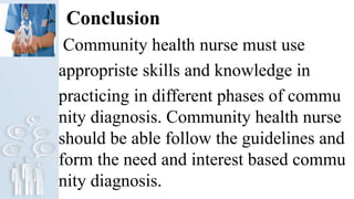 Conclusion
Community health nurse must use
appropriste skills and knowledge in
practicing in different phases of commu
nity diagnosis. Community health nurse
should be able follow the guidelines and
form the need and interest based commu
nity diagnosis.
 
