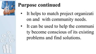 Purpose continued
• It helps to match project organizati
on and with community needs.
• It can be used to help the communi
ty become conscious of its existing
problems and find solutions.
 