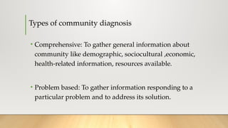 Types of community diagnosis
• Comprehensive: To gather general information about
community like demographic, sociocultural ,economic,
health-related information, resources available.
• Problem based: To gather information responding to a
particular problem and to address its solution.
 