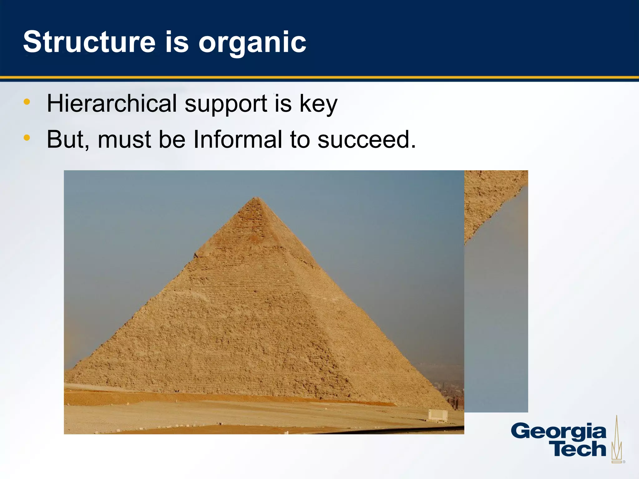 Structure is organic
     • Hierarchical support is key
     • But, must be Informal to succeed.




11
 