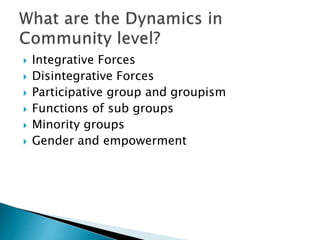  Integrative Forces
 Disintegrative Forces
 Participative group and groupism
 Functions of sub groups
 Minority groups
 Gender and empowerment
 
