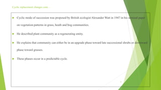 Cyclic replacement changes cont…
 Cyclic mode of succession was proposed by British ecologist Alexander Watt in 1947 in his seminal paper
on vegetation patterns in grass, heath and bog communities.
 He described plant community as a regenerating entity.
 He explains that community can either be in an upgrade phase toward late successional shrubs or downward
phase toward grasses.
 These phases occur in a predictable cycle.
6
 