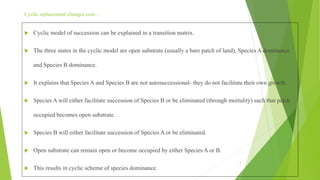 Cyclic replacement changes cont…
 Cyclic model of succession can be explained in a transition matrix.
 The three states in the cyclic model are open substrate (usually a bare patch of land), Species A dominance
and Species B dominance.
 It explains that Species A and Species B are not autosuccessional- they do not facilitate their own growth.
 Species A will either facilitate succession of Species B or be eliminated (through mortality) such that patch
occupied becomes open substrate.
 Species B will either facilitate succession of Species A or be eliminated.
 Open substrate can remain open or become occupied by either Species A or B.
 This results in cyclic scheme of species dominance.
7
 