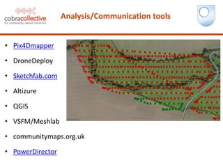 Analysis/Communication tools
• Pix4Dmapper
• DroneDeploy
• Sketchfab.com
• Altizure
• QGIS
• VSFM/Meshlab
• communitymaps.org.uk
• PowerDirector
 