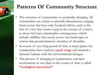 Patterns Of Community Structure
• The structure of communities is constantly changing. All
communities are subject to periodic disturbances, ranging
from events that have only localized effects, such as the
loss of a tree that creates a gap in the canopy of a forest,
to those that have catastrophic consequences, which
include wildfires that sweep across vast landscapes or
storms that pound immense stretches of shoreline.
• In course of very long period of time at many places the
communities have reached a peak stage and attained a
dynamic balance with the environmental changes.
• The process of changing in communities and their
environment at one place in the course of time is called
“ecological succession”
 