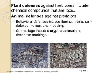 ◦ Plant defenses against herbivores include
chemical compounds that are toxic.
◦ Animal defenses against predators.
 Behavioral defenses include fleeing, hiding, self-
defense, noises, and mobbing.
 Camouflage includes cryptic coloration,
deceptive markings.
Fig. 53.5Copyright © 2002 Pearson Education, Inc., publishing as Benjamin Cummings
 