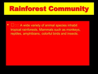 Rainforest Community
• A wide variety of animal species inhabit
tropical rainforests. Mammals such as monkeys,
reptiles, amphibians, colorful birds and insects.
 