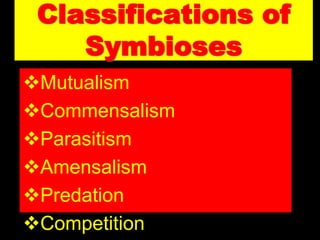 Classifications of
Symbioses
Mutualism
Commensalism
Parasitism
Amensalism
Predation
Competition
 