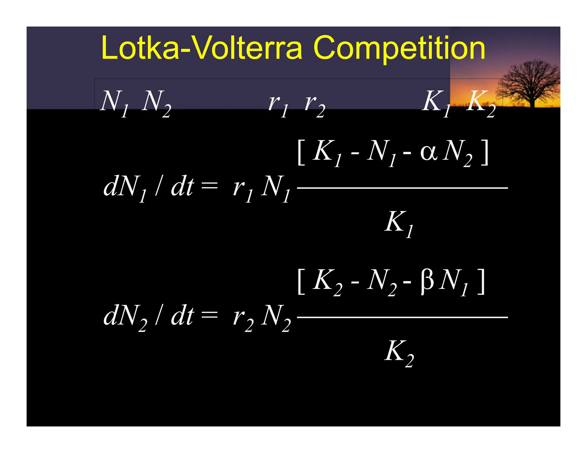 Lotka-Volterra Competition
Lotka-Volterra Competition
N1 N2 r1 r2 K1 K2
[ K1 - N1 - α N2 ]
dN1 / dt = r1 N1 ⎯⎯⎯⎯⎯⎯⎯
K1
[ K2 - N2 - β N1 ]
dN2 / dt = r2 N2 ⎯⎯⎯⎯⎯⎯⎯
K2
 