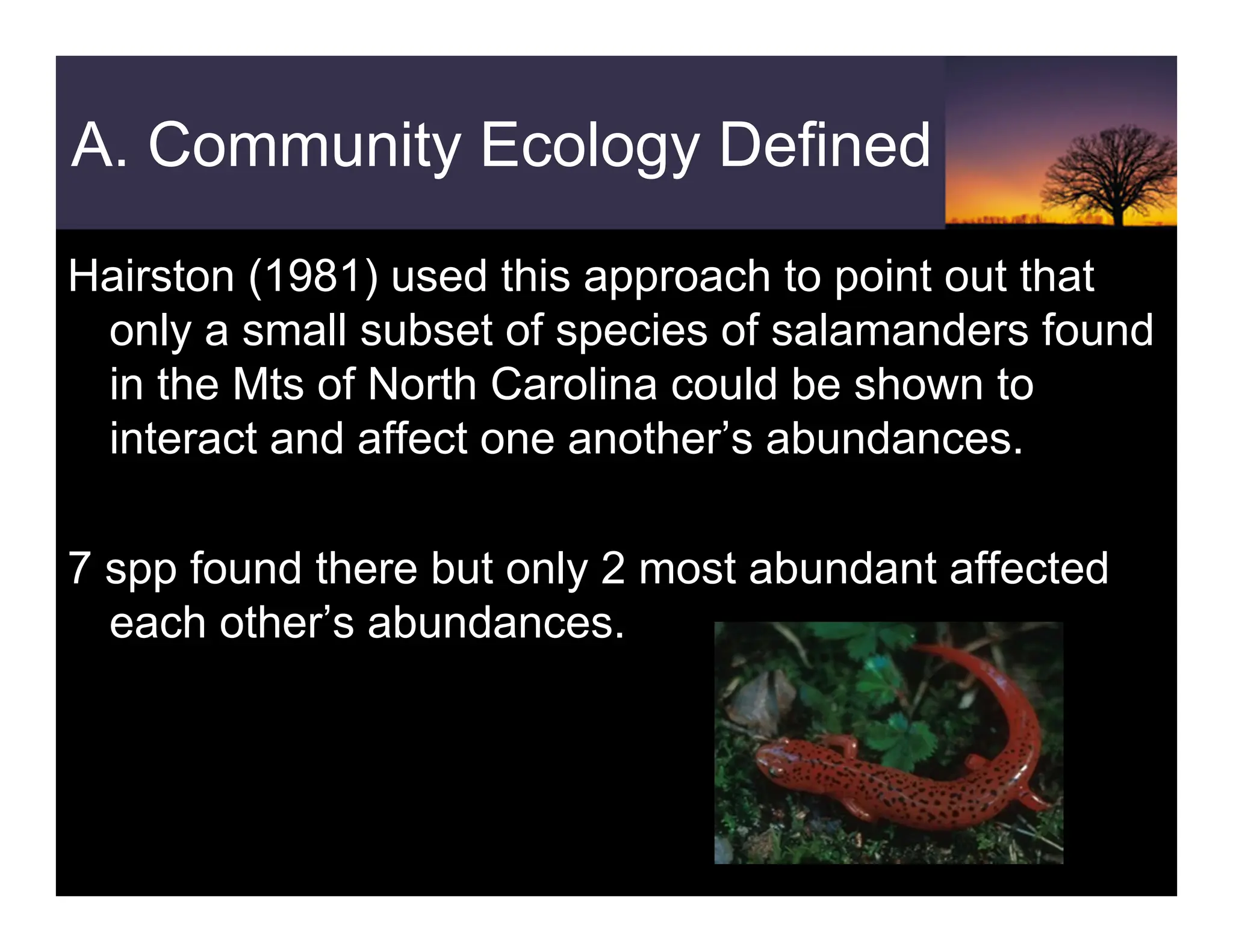 A. Community Ecology Defined
Hairston (1981) used this approach to point out that
only a small subset of species of salamanders found
in the Mts of North Carolina could be shown to
interact and affect one another’s abundances.
7 spp found there but only 2 most abundant affected
each other’s abundances.
 