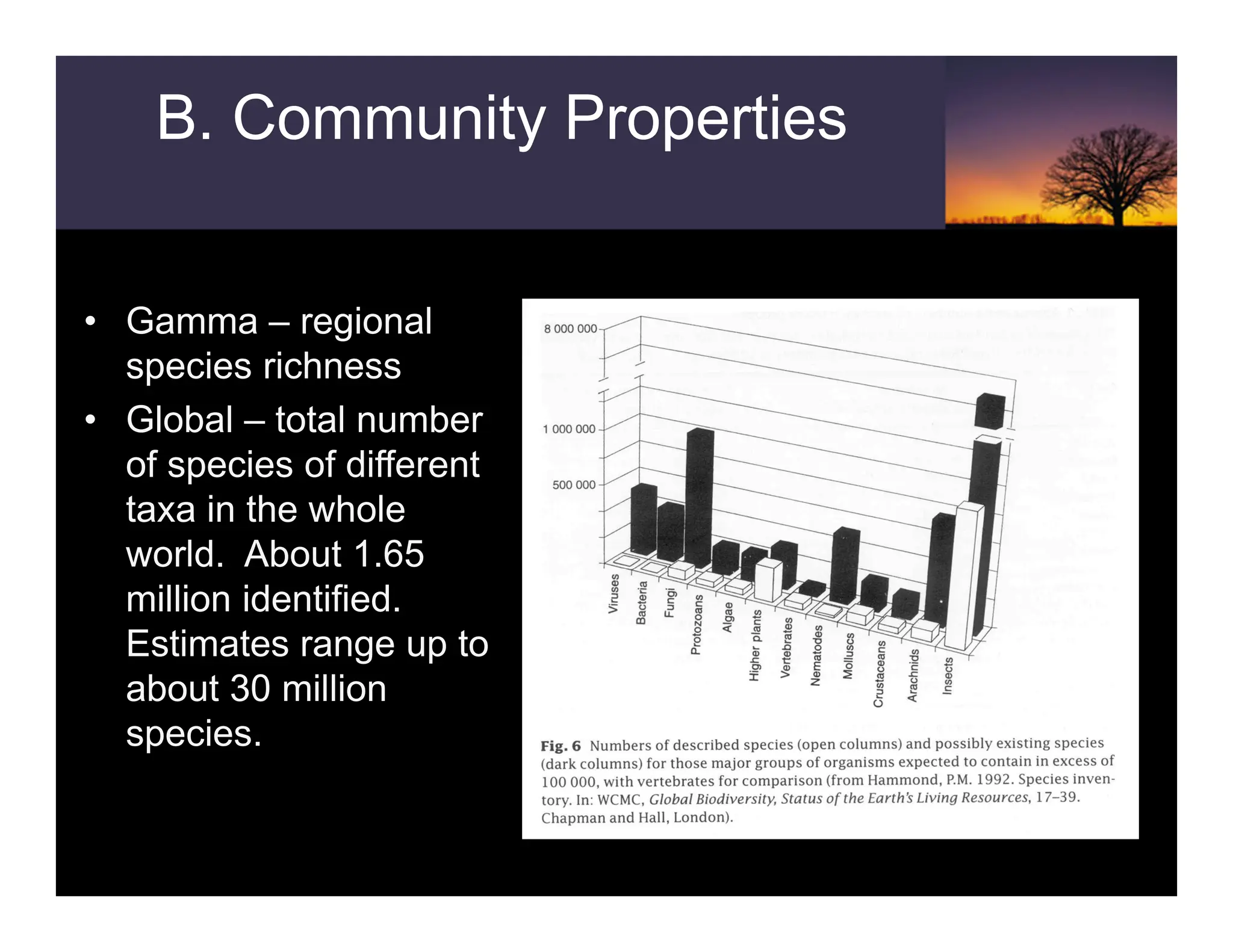 • Gamma – regional
species richness
• Global – total number
of species of different
taxa in the whole
world. About 1.65
million identified.
Estimates range up to
about 30 million
species.
B. Community Properties
 