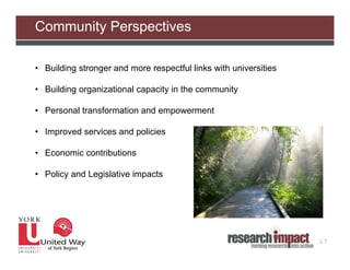 Community Perspectives

• Building stronger and more respectful links with universities

• Building organizational capacity in the community

• Personal transformation and empowerment

• Improved services and policies

• Economic contributions

• Policy and Legislative impacts




                                                                  17
 
