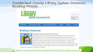 Cumberland County Library System Consensus
Building Process
37
http://www.cumberlandcountylibraries.org/?q=Building_consensus
 