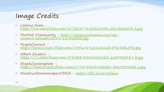 Image Credits
55
• Linking Arms -
https://c2.staticflickr.com/8/7223/7155861446_031d28e6f8_b.jpg
• MozFest Community - http://creativecommons.org/wp-
content/uploads/2014/11/mozfest.jpg
• PeopleConnect -
http://farm8.static.flickr.com/7396/8718123610_09e70f6d90.jpg
• Albert Einstein -
https://c1.staticflickr.com/9/8408/8882601625_aa8046b387_b.jpg
• Stop&Contemplate -
https://farm3.staticflickr.com/2775/4443143080_30650552fd_o.jpg
• MoreFunStormtroopersYMCA - https://flic.kr/p/6sfakm
 